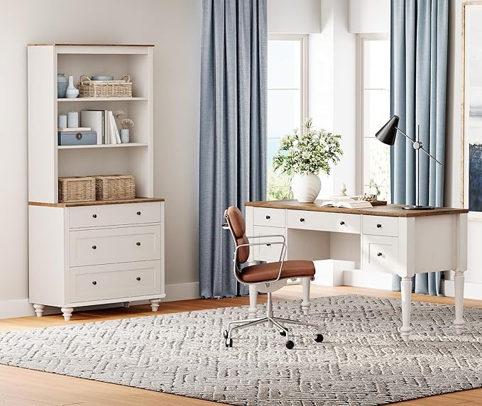 WAMPAT Home Office Furniture Set, 56" Executive Desk with Charging Station, 72" Tall Bookcase with 3 Drawers, Wood Computer Desk with File Cabinet Storage, Open Shelf, White