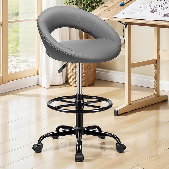 BESTFAIR Drafting Chair for Standing Desk, Height Adjustable Rolling Stool with Backrest & Footrest, Tall 360° Swivel PU Leather Stool Chair with Wheels for Office, Gray