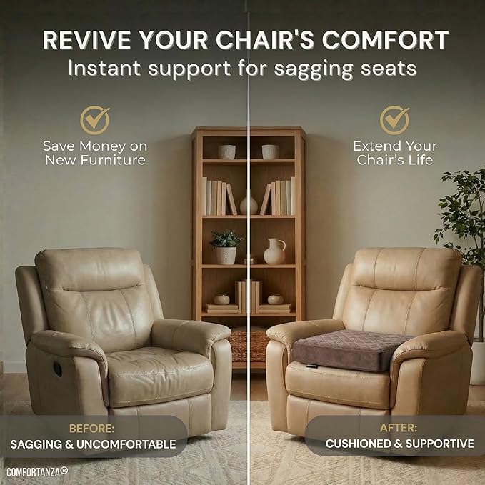 Large Soft 20x20x5 Polyurethane Foam Recliner Chair Seat Cushion for Long Sitting - Washable Velvety Cover with Waterproof Layer, Non-Slip Base - Tailbone Pain & Pressure Relief - Brown