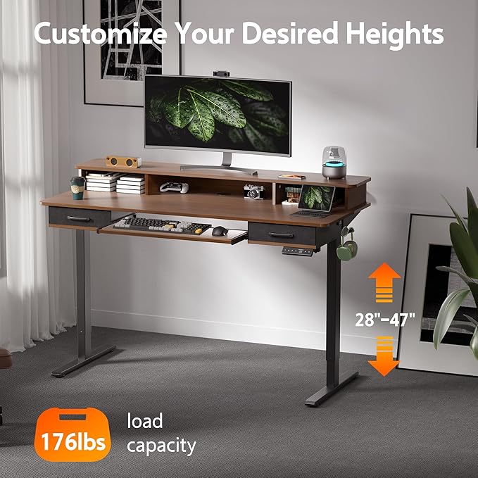 WALKINGDESK 63 Inches Electric Standing Desk with Keyboard Tray, Height Adjustable Sit to Stand Table with 2 Drawers, Ergonomic Home Office Desk with Storage Shelf, Computer Table, Black Walnut