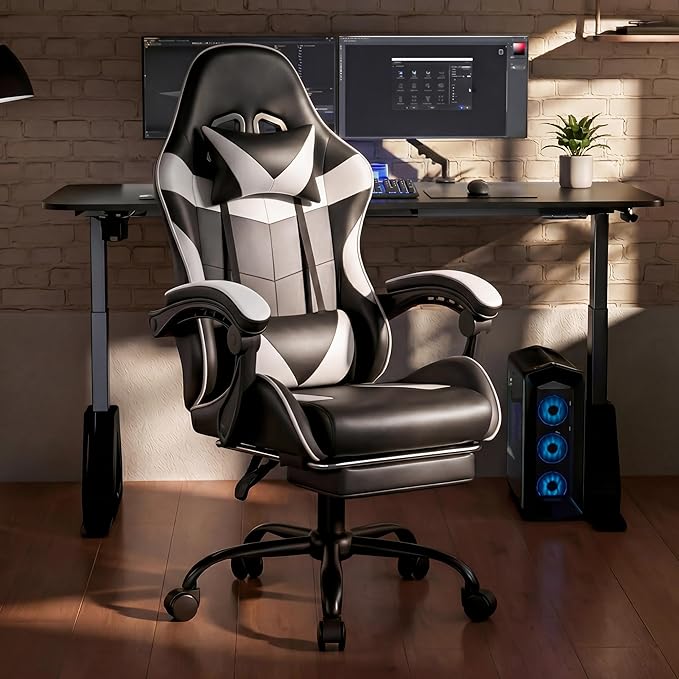 Computer Gaming Chair with Footrest, Ergonomic High Back Desk Chair with 90°-150° Reclining Function, Swivel Seat & Lumbar Support