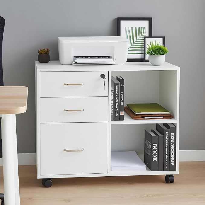 Relaxdays Rolling Container, 3 Drawers, 2 Compartments, Hanging Files, H x W x D: 66 x 80 x 40 cm, Lockable Filing Cabinet, White