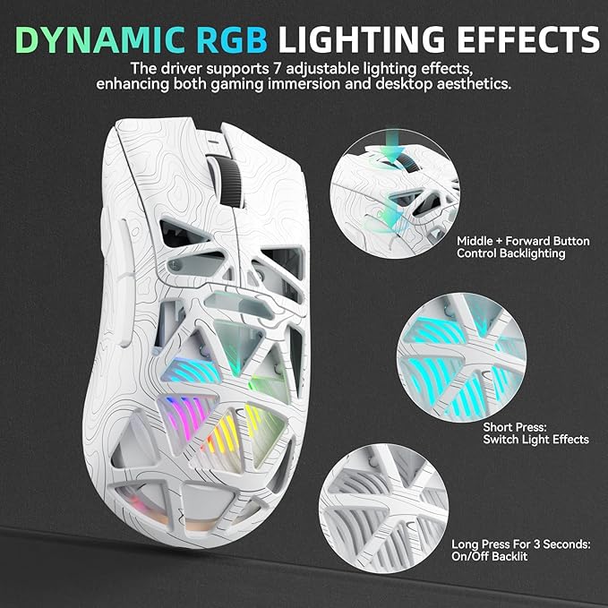 Aula SC620 Wireless Gaming Mouse, Tri-Mode 2.4GHz/USB-C/BT5.3 Computer Mouse with 12000 DPI, Programmable Macro Gamer Mouse with Rapid Fire Key, RGB Light Gaming Mice for PC/Laptop/Mac (Line White)