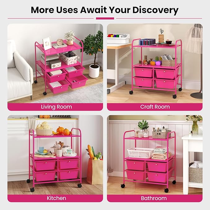 Moccha Rolling Storage Cart with 4 Drawers - Storage Drawers Organizer with wheels for Craft Art Supply Paper Salon, Scrapbook Paper Tools, Movable Utility Cart for Classroom School Studio, Hot Pink