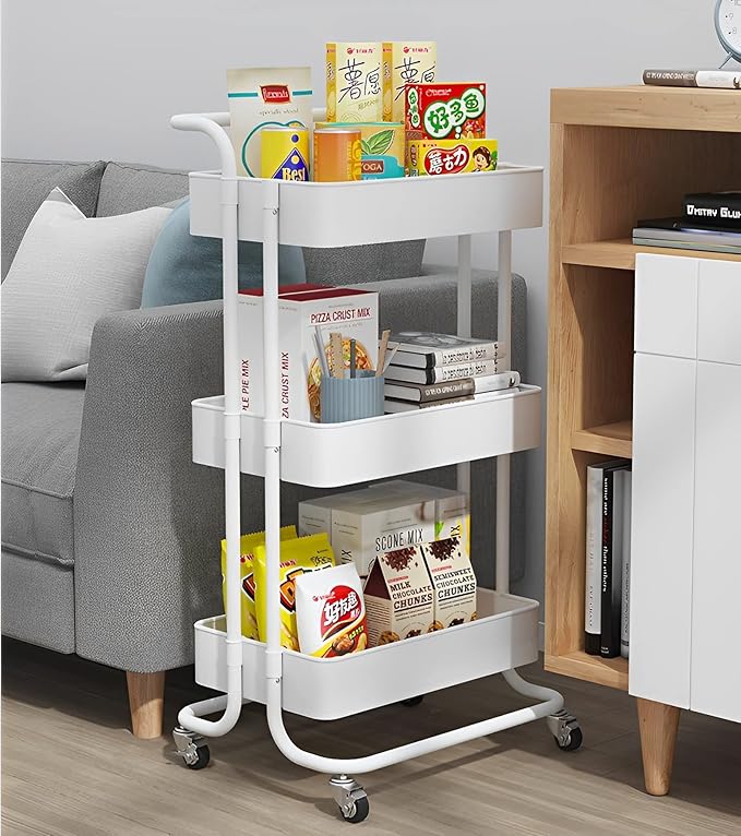 Sooyee 3 Tier Utility Cart,Rolling Cart with Handle and Lockable Wheels, Multi-Functional Storage Cart for Office, School,Living Room, Kitchen, Bathroom, Bedroom,Laundry, White