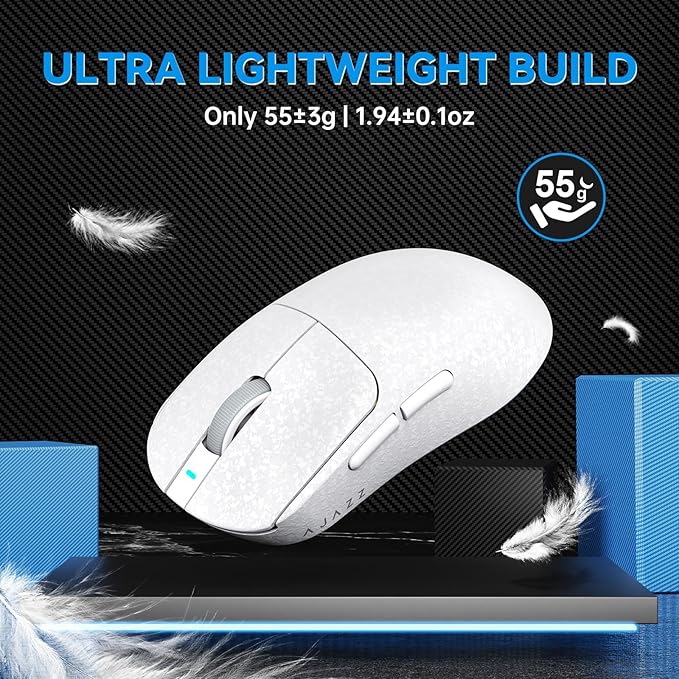 A.JAZZ Ajazz AJ199 Wireless Gaming Mouse Ultra-Lightweight 55g Tri-Mode Connection 24000 DPI PAW3311 Sensor Carbon Fiber Shell 500mAh Battery 1K Polling Rate Durable & Anti-Slip Design White