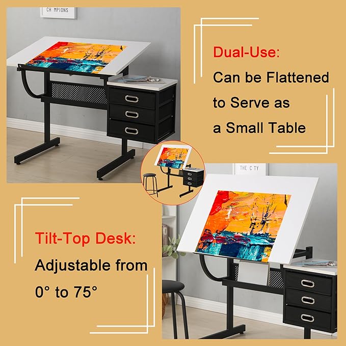 Drafting Table, Tilting Tabletop Artist Desk w/3 Storage Drawers & Stool, Craft Drawing Table for Painting, Sketching, Home Office, Art Studio, Classrooms (White+Black)