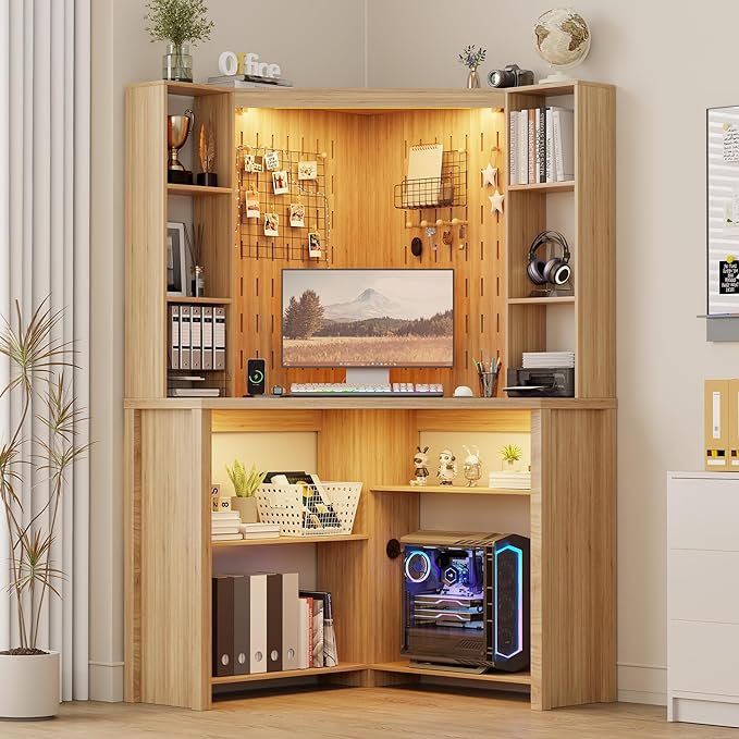 Corner Computer Desk with LED Lights, L Shaped Study Desk with Hutch & Shelves, Triangle Home Office Desk with Charging Station for Work & Study, File Cabinet Bookshelf for Small Space (Natural)