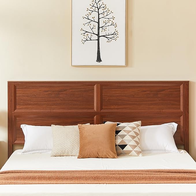 King Size Bed with 3D Geometric Headboard & Storage Bench - 4-Drawer Storage, Modern Bedroom Furniture, Walnut. The 3D geometric grid pattern on the headboard exudes modern charm, blending refinemen