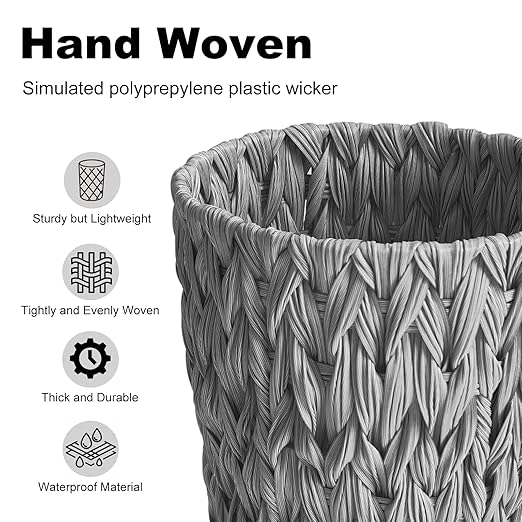 Coeusy Wicker Trash Can,Small Bathroom Trash Can,Waterproof Wicker Waste Basket for Bathroom,Handwoven Wastebasket for Office,2 Gallon Grey Round