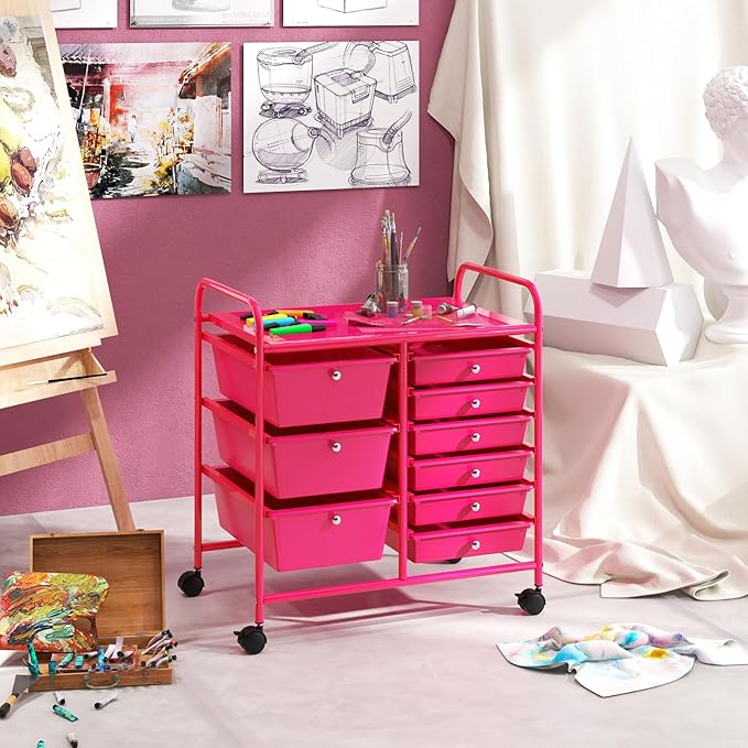 Moccha 9-Drawer Rolling Storage Cart - Under Desk Storage Drawers with wheels for Craft Art Supply Paper Salon, Scrapbook Paper Tools, Mobile Utility Cart for Classroom, Hot Pink