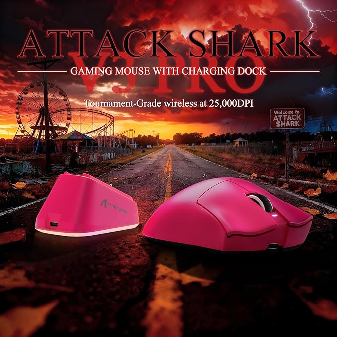 MAMBASNAKE ATTACK SHARK V3 PRO 62g Superlight Wireless Gaming Mouse,RGB Magnetic Charging Dock,BK52820 Tri-Mode BT/2.4G Wireless/Wired Mouse,25000DPI,500mAh,5 Programmable Buttons for Pc/Mac,Berry Red