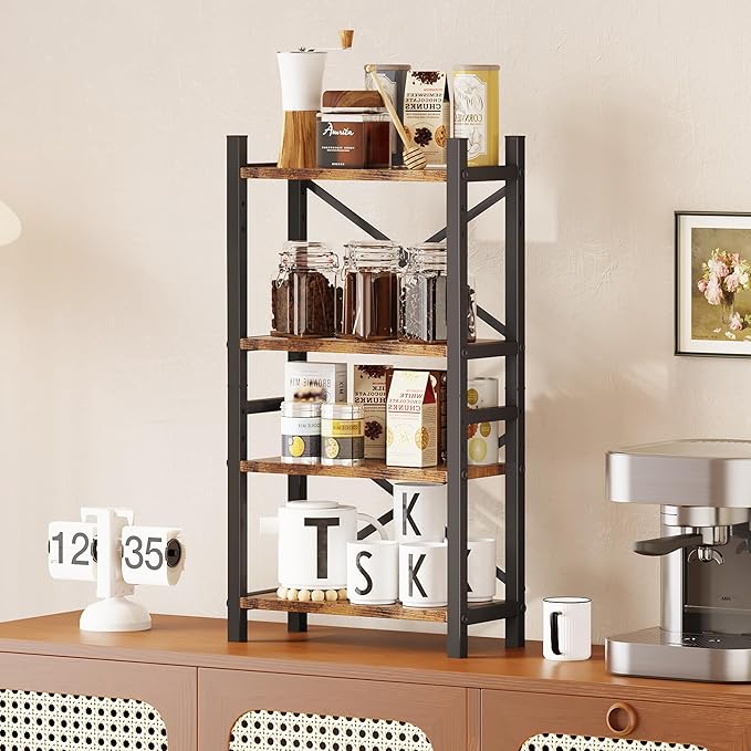 2-Pack Desktop Bookshelf, 4-Tier Stackable Narrow Bookcase, Adjustable Industrial Desk Organizer & Hutch - Rustic Brown Wood Desktop Book Organizer for Living Room, Bedroom & Home Office