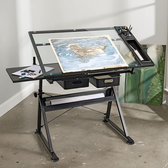 Artist's Loft Artist Table - Glass-Top Table for Drafting, Drawing, Sketching, Painting, and Arts & Crafts - 1 Pack