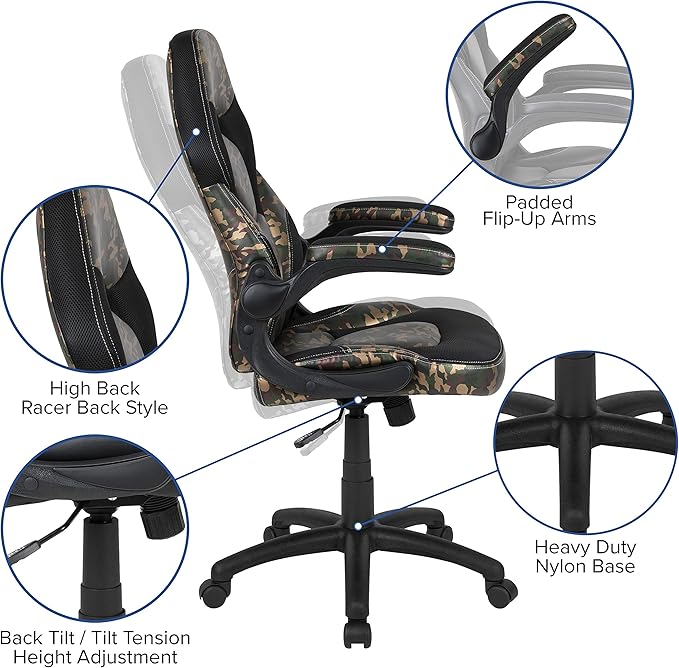 Flash Furniture Black Gaming Desk and Camouflage/Black Racing Chair Set with Cup Holder, Headphone Hook, and Monitor/Smartphone Stand