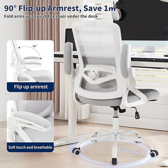 Ergonomic Office Chair, Desk Chair with Adjustable Lumbar Support, Breathable Mesh Comfy Computer Chairs with Flip-up Armrests Executive Task Chair for Adults Home Office(Gray)