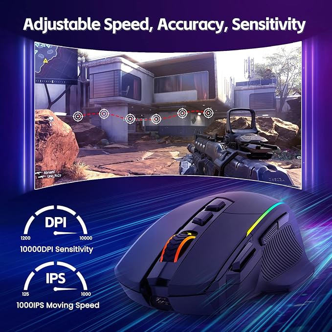 RisoPhy Wireless Gaming Mouse,Tri-Mode 2.4G/USB-C/Bluetoothy, Up to 10000DPI,Chroma RGB Backlit,Ergonomic with 8 Programmable Buttons,Rechargeable Computer Mouse for Laptop,PC,Mac