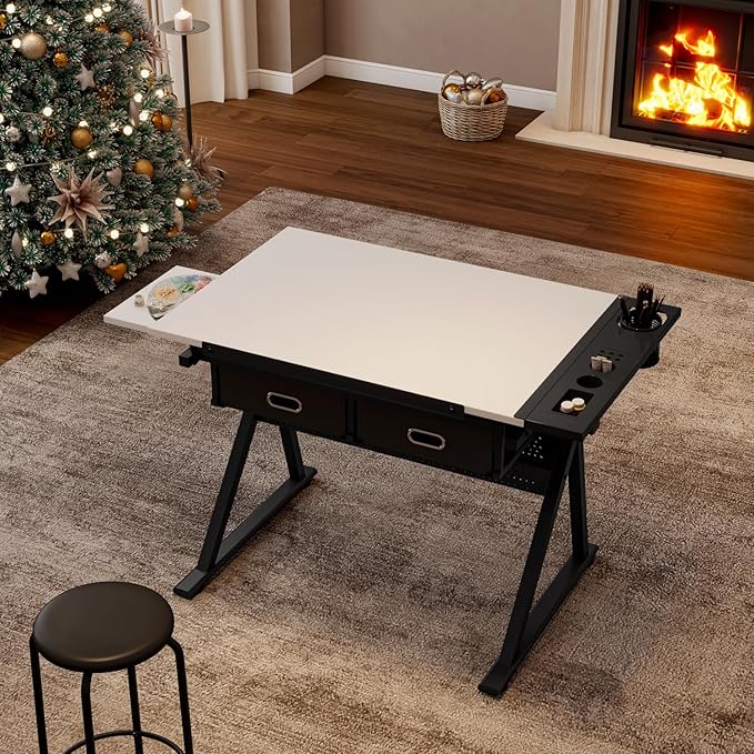Adjustable Drafting Table Set with Stool, Drawing Desk Artist Table with Storage Drawers, Tiltable Tabletop Art Table Multifunctional Craft Workstation for Home Office