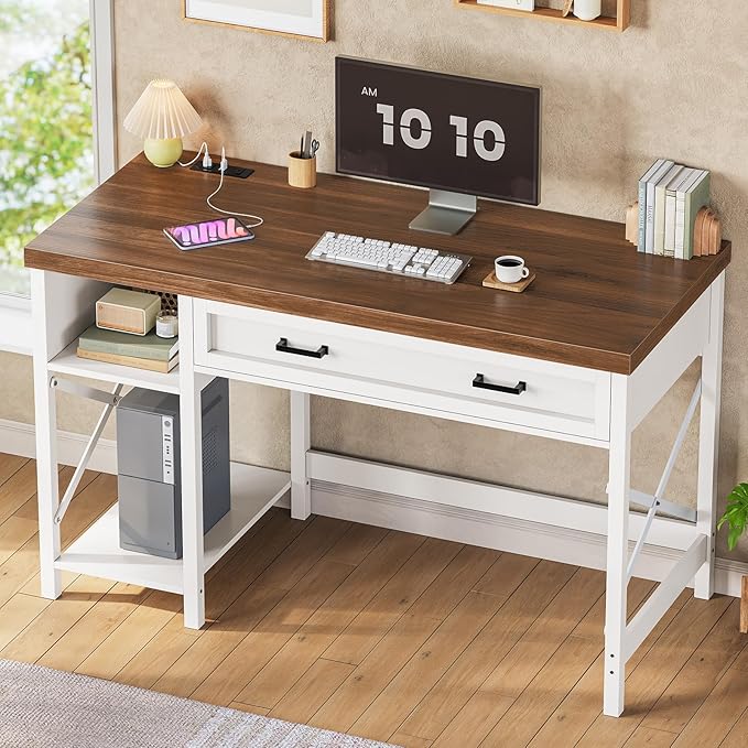 SEDETA Farmhouse Small Desk with Drawers, 40" Computer Desk with Storage Shelves, White Writing Desk for Small Space and Power Outlet, Desk for Bedroom, Home Office