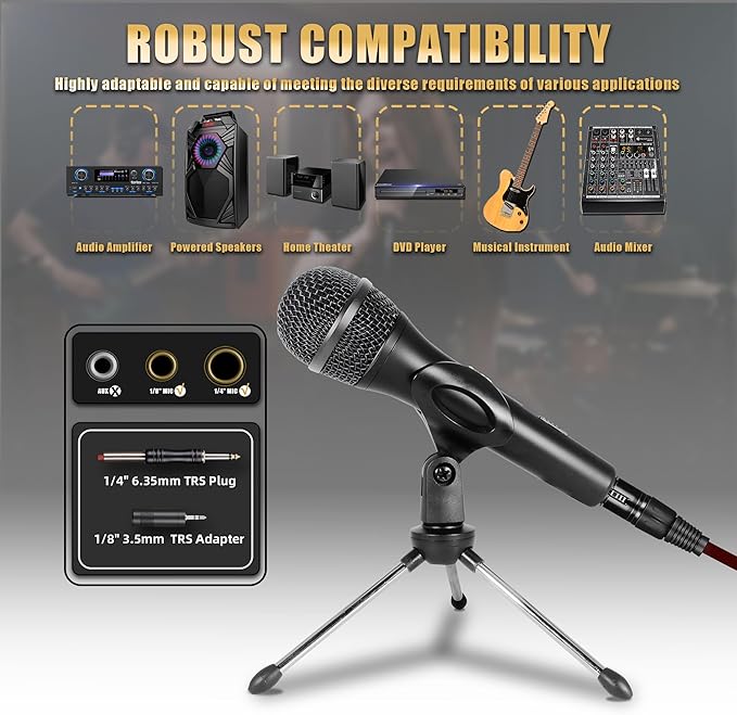 Professional Dynamic Microphone for Singing Karaoke Microphone with 16ft XLR to 1/4'' Audio Cable, Vocal Handheld Mic for Podcast Mixer Amplifier PA System