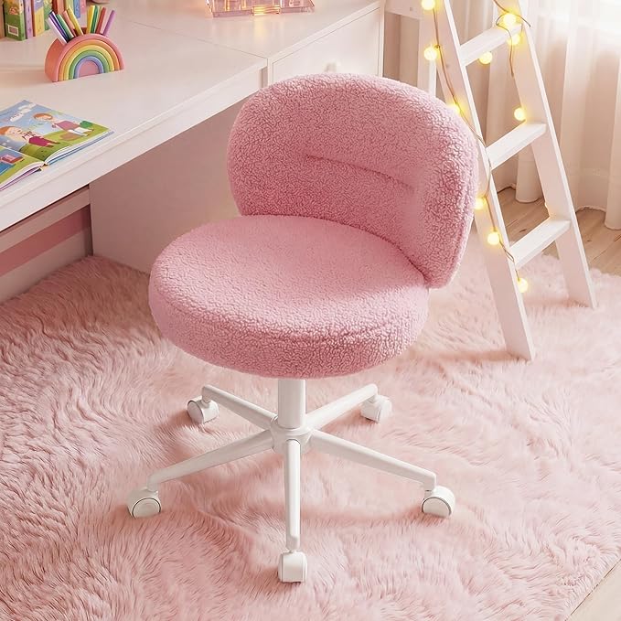 Homkdom Small Round Vanity Chair, Armless Home Office Desk Chairs with Back, Height Adjustable & 360° Swivel, Cute Comfy Vanity Computer Chair for Bedroom, Home Office, Pink