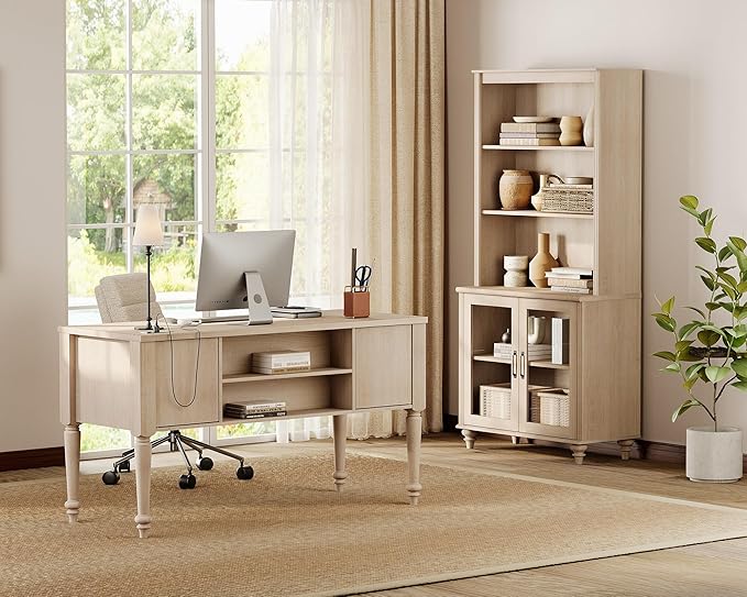 WAMPAT Home Office Furniture Set, 56'' Executive Desk with Charging Station, 72" Tall Bookcase with 2 Glass Doors, Wood Computer Desk with File Cabinet Storage, Open Shelf, Light Oak
