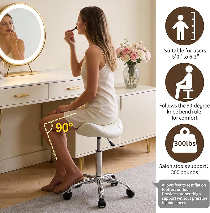 FIRAVOE Saddle Stool, Swivel Saddle Stool with Wheels, Adjustable Rolling Stool 18"-26", Faux Leather Rolling Stool for Salon, Massage, Clinic, Lab, Office (White, 1PCS (18"-26"))
