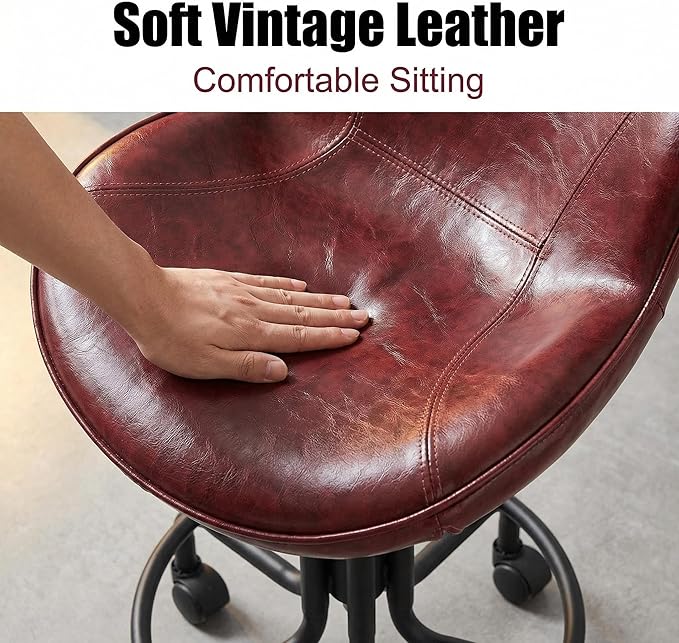 Topower Antique Industrial Design Metal Adjustable Height Kitchen Dining Breakfast Chair Industrial Style Bar Stool Fully Welded Maroon PU Leather Seat