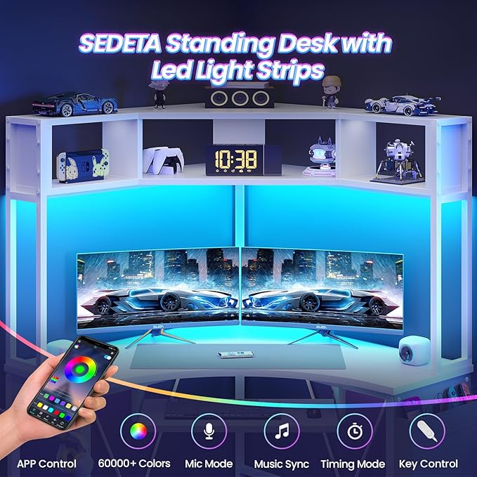 SEDETA Corner Desk, Small Computer Desk with Hutch & LED Lights, Triangle Corner Computer Desk with Keyboard Tray, Storage Bag, and Headphone Hook for Small Space, Home Office Desk, White