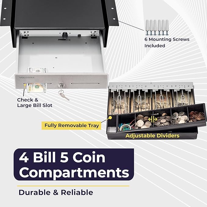 Cash Register Drawer with Under Counter Mounting Bracket - 13" Black Cash Drawer for POS, Stainless Steel Front, 4 Bill 5 Coin, Fully Removable 2 Tier Cash Tray, 12-24V RJ11/RJ12 Key-Lock