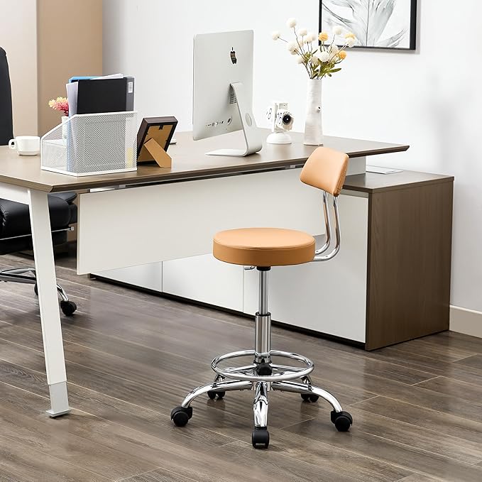 FIRAVOE Ergonomic Desk Stool(Sturdy Rolling Stool with Back)(Swivel Armless Office Chair 19.5"-26.6") Adjustable Footrest Salon Chair (Camel Brown)