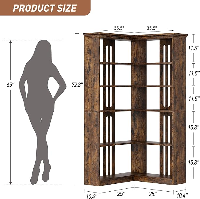 IDEALHOUSE Corner Bookshelf 72.8in Farmhouse Bookcase Large Bookshelf Wood Bookcase Tall 5 Tier Corner Shelf L Shaped Bookshelfs Storage Display Rack Living Room Bedroom (Retro, Half Panel)