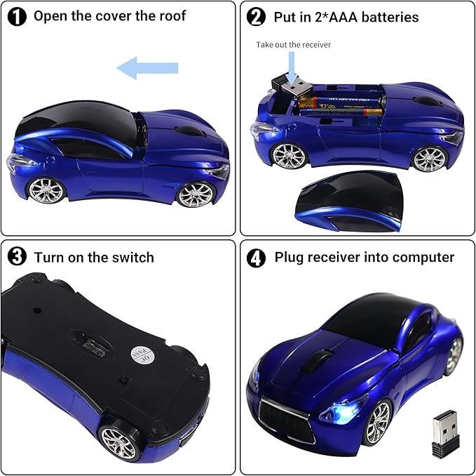 elec Space Wireless Car-Shape Mouse, Blue, 2.4GHz, 1600 DPI, USB Receiver, Cute Gaming Mouse for Kids