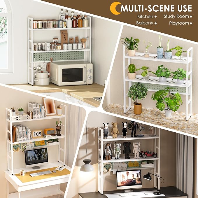 Brakki Desk Shelf, 35.43" Desk Hutch Bookshelf, Desktop Shelf with Pegboard for Computer Monitor, Metal Desktop Hutch Storage Organizer for Dorm Home Office, 2 Tier Bookcase, White
