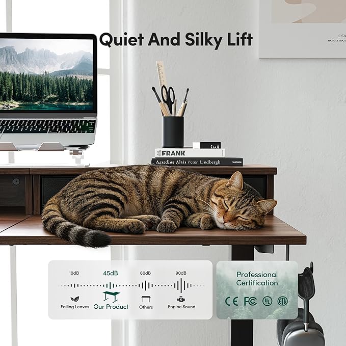 CubiCubi L Shaped Standing Desk with Drawers 63 x 48 Inch Adjustable Height, Electric Corner Desk with Storage, Sit Stand Home Office Desk with Splice Board, Black Walnut