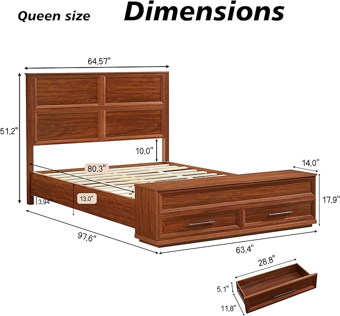 Queen Size Bed with 3D Geometric Headboard & Storage Bench - 4-Drawer Storage, Modern Bedroom Furniture, Walnut. The 3D geometric grid pattern on the headboard exudes modern charm, blending refineme