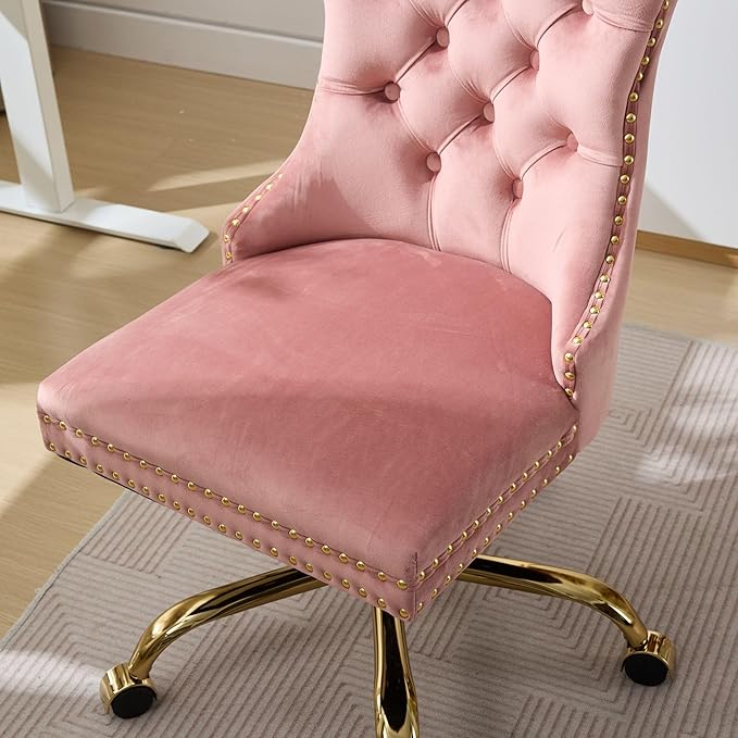Goujxcy Desk Chair, Modern Velvet Upholstered Tufted Button Home Office Chair, 360° Swivel Armless Desk Chairs, 120°Rocking Ergonomic Computer Task Vanity Chairs, Pink