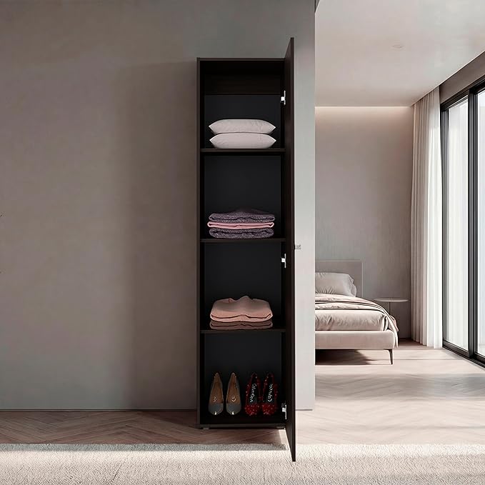Stained Walnut Storage Cabinet with Mirror Integrated full-length mirror enables effortless head-to-toe styling and quick outfit checks right next to hanging clothes and folded garments for convenie