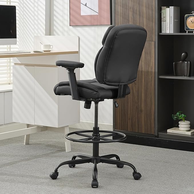 Okeysen Drafting Chair Standing Desk Chair, 500 LBS Leather Big and Tall Office Chair with Adjustable Armrests & Foot Ring, Modern Tall Desk Chair with Mid Back, Swivel Rolling Drafting Stool.