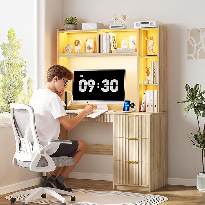 Lvifur LED Study Desk - with Hutch & Storage Cabinet,Home Office Desk with Outlet and 3 Color LED and Card-Based Lock,Writing Desk Computer Desks for Studyroom,Ideal for Office Set,Natural