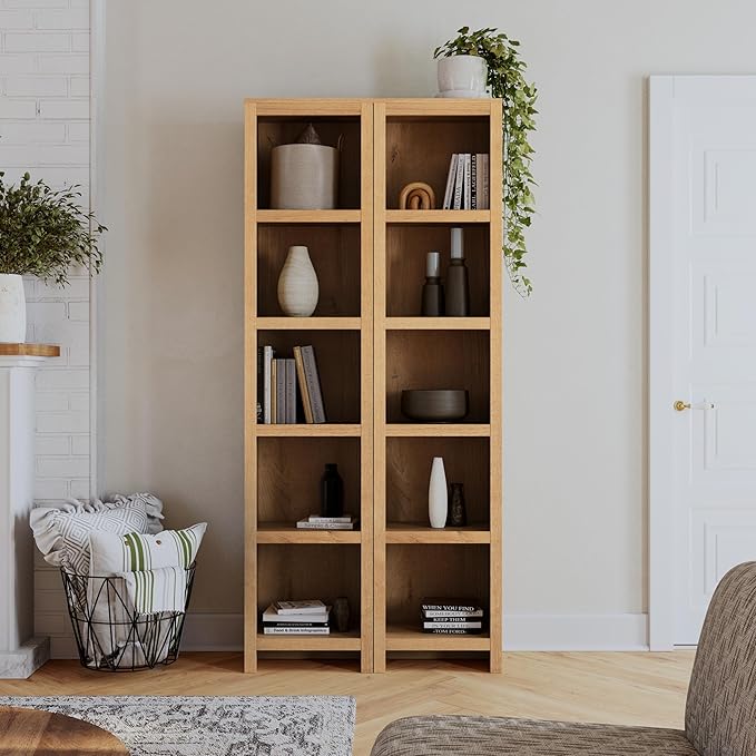 Prepac Moda 80" Tall 5-Tier Narrow Bookcase in Natural Oak, Modern Storage Accent Bookshelf with 3 Adjustable Shelves for Home, Office, Living Room, Bedroom