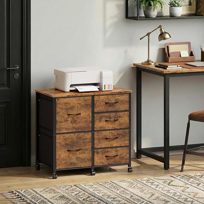 HIGDBFE 6 Drawer Mobile Lateral File Cabinet, Rolling Printer Stand, Under Desk Filing Cabinet Fits A4 Files, Home Office Storage Fabric Cabinet, 2X Space, Rustic Brown, 21.7''