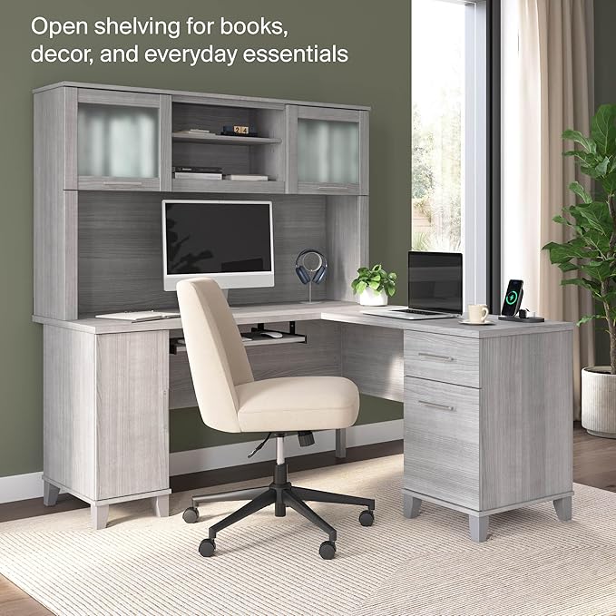 Bush Home 60-Inch Desk Hutch, Office Storage Organizer with Shelves, Cubbies and Frosted Glass Doors for Computer Desk, Home Office Furniture, Somerset Collection, Platinum Gray