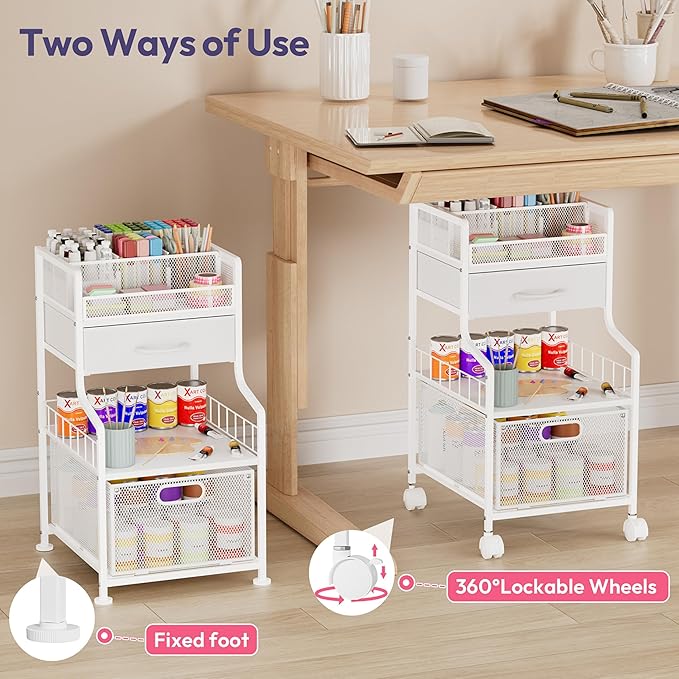 SWTYMIKI Rolling Under Desk Storage - Utility Cart with Drawers & DIY Divider - Art Cart Organizer on Wheels - Craft Storage Drawers Rolling Cart for Office, Craft Room & Studio White