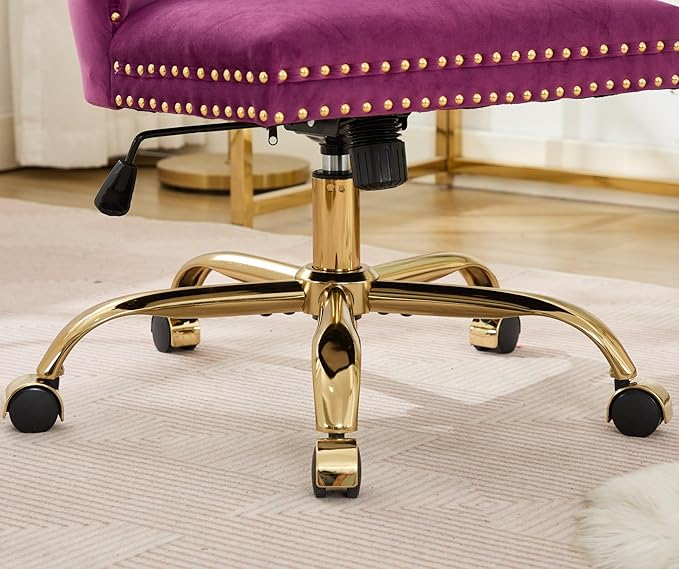 Goujxcy Desk Chair, Modern Velvet Upholstered Tufted Button Home Office Chair, 360° Swivel Armless Desk Chairs, 120°Rocking Ergonomic Computer Task Vanity Chairs, Purple