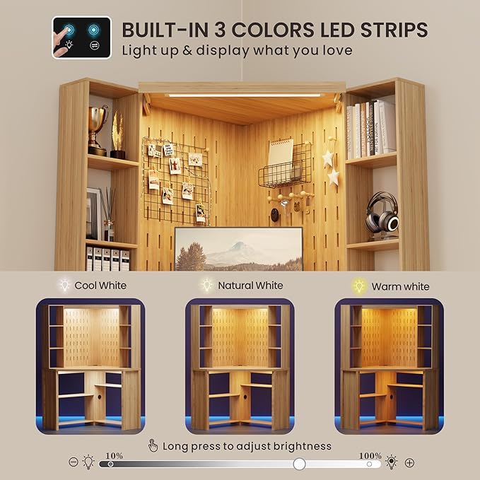 Corner Computer Desk with LED Lights, L Shaped Study Desk with Hutch & Shelves, Triangle Home Office Desk with Charging Station for Work & Study, File Cabinet Bookshelf for Small Space (Natural)