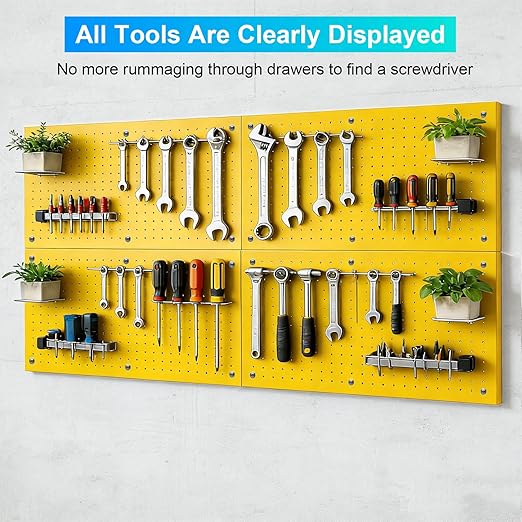 Heavy-Duty Metal Pegboard Panels 4 Pack - 24x12 Inch Reinforced Steel Wall Storage, Scratch & Rust Resistant Tool Organizer for Garage, Shed & Utility Room, Yellow
