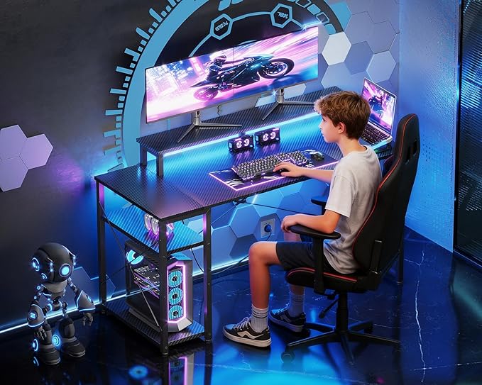 MOTPK 48 Inch Gaming Desk with Storage & Led Lights, Computer Desk with Shelf, Reversible Gamer Desk with Monitor Stand, Carbon Fiber Texture Black
