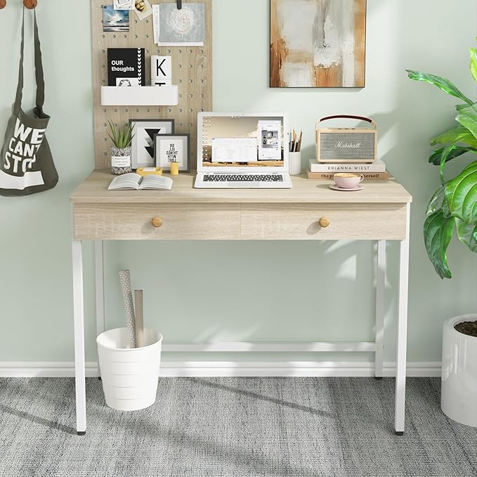 Weehom Computer Desk with Drawers, Home Office Desk for Writing, Studying, and Gaming - Sturdy and Spacious Workstation for PC and Laptop(Beige)