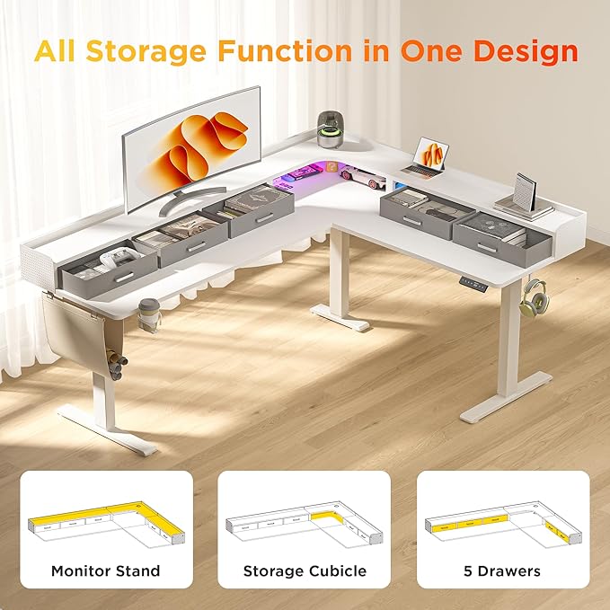 WALKINGDESK 75 Inches Height Adjustable L Shaped Standing Desk with 5 Drawers and Monitor Shelf, Electric Sit to Stand Home Office Comupter Table, Ergonomic Corner Gaming Desk, White